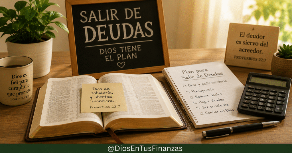 Cómo salir de deudas según la Biblia: una persona ora con una Biblia y sus cuentas sobre la mesa