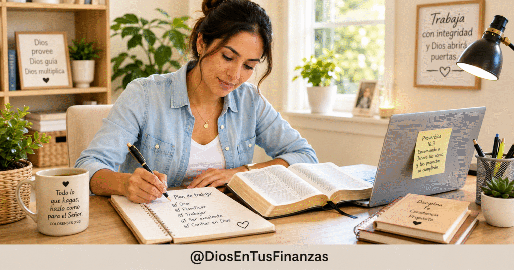 El trabajo según la Biblia: una persona trabaja con dedicación mientras una Biblia abierta reposa cerca