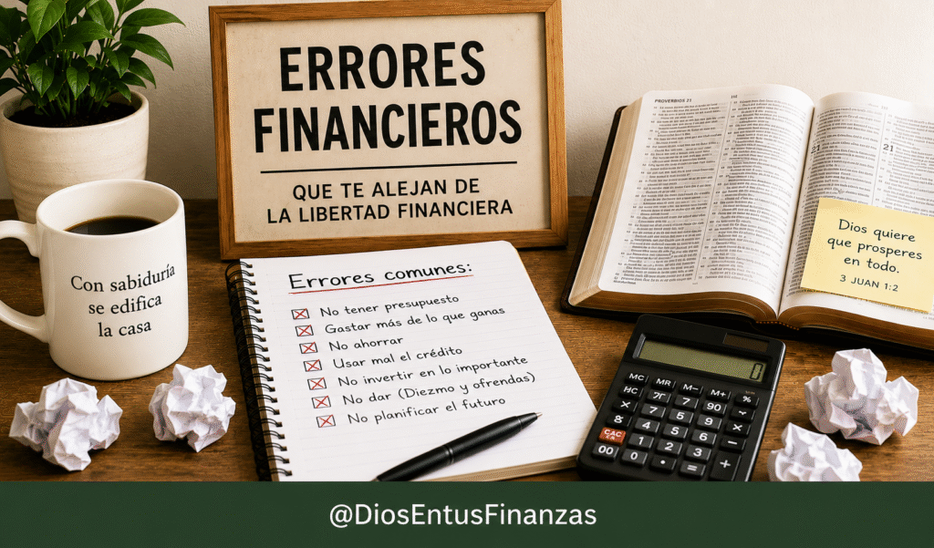 Errores financieros: una persona revisa sus cuentas con preocupación junto a una Biblia abierta