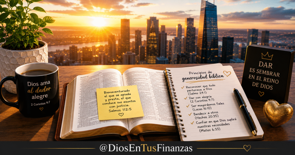 Generosidad bíblica: manos abiertas que ofrecen y comparten junto a una Biblia