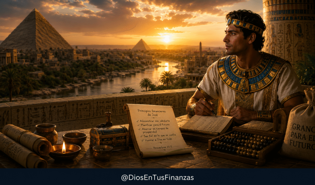 José en Egipto: graneros con trigo almacenado y una Biblia abierta, símbolo de ahorro y previsión