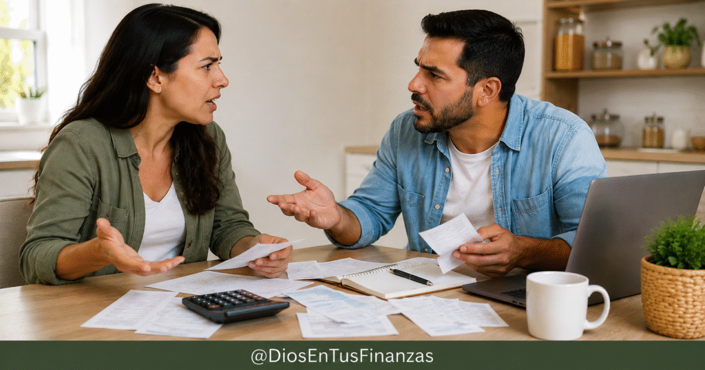 Matrimonio y dinero: una pareja conversa sobre sus finanzas con una Biblia abierta sobre la mesa