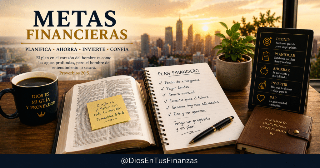 Metas financieras: una persona escribe sus metas y planes junto a una Biblia y una taza de café