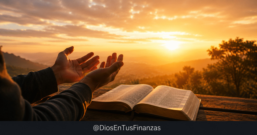 Oración por la prosperidad: manos abiertas hacia el cielo junto a una Biblia abierta al amanecer