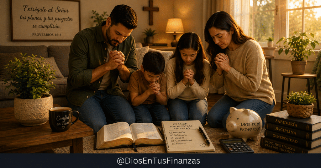 Oración por las finanzas: manos unidas en oración sobre una Biblia abierta