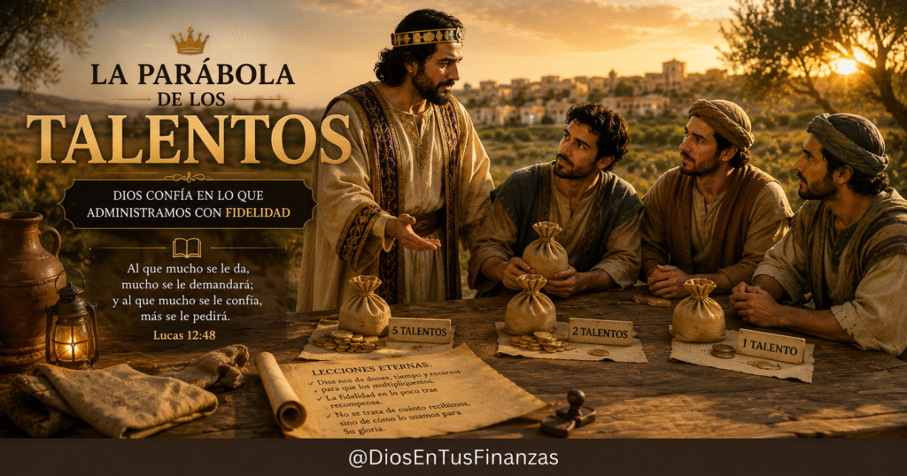 Parábola de los talentos: monedas antiguas y una Biblia abierta sobre una mesa de madera