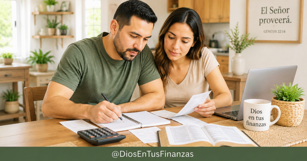 Presupuesto familiar: una pareja organiza las cuentas del hogar con una Biblia y una calculadora sobre la mesa