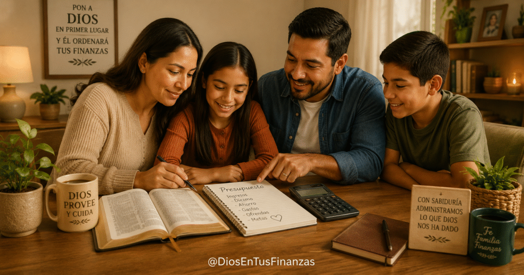 Qué dice la Biblia sobre el dinero: una familia administra sus finanzas con una Biblia abierta sobre la mesa