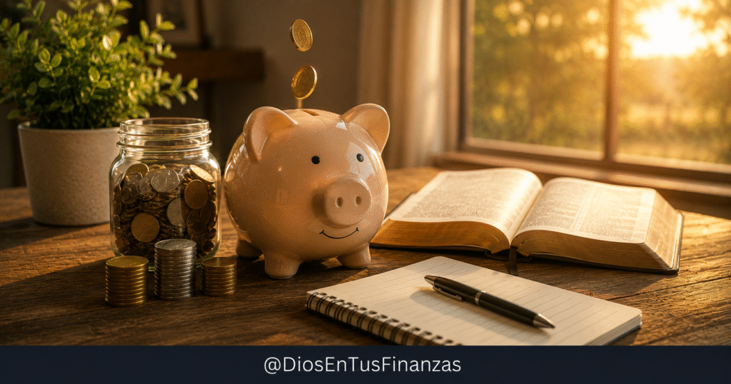 Ahorrar dinero según la Biblia: una alcancía y monedas junto a una Biblia abierta