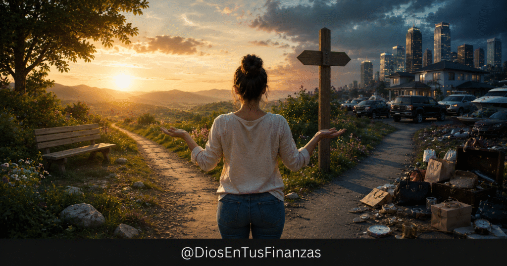 Contentamiento y codicia: una balanza junto a una Biblia abierta que representa la decisión del corazón
