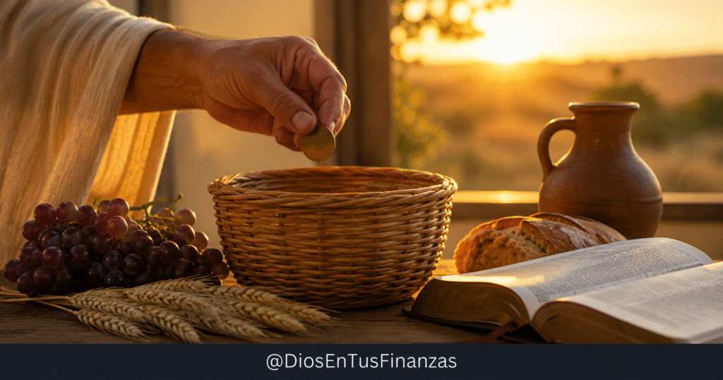 El diezmo según la Biblia: una ofrenda y una Biblia abierta sobre una mesa de madera