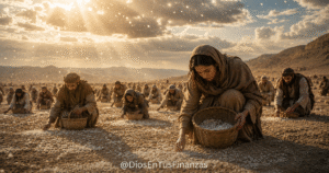 El maná en el desierto: manos recogiendo maná del suelo al amanecer