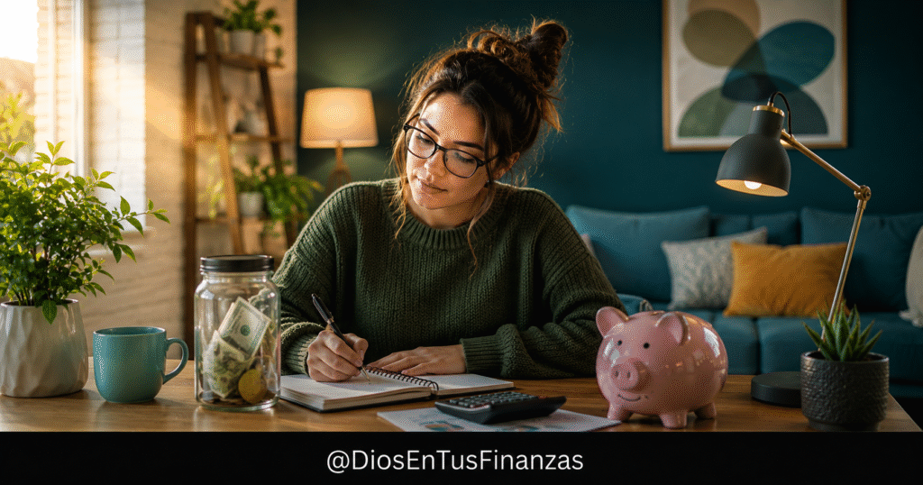 Fondo de emergencia bíblico: una alcancía y un frasco de ahorro junto a una Biblia abierta