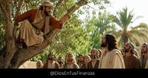 La historia de Zaqueo: un hombre en un árbol mirando a Jesús, junto a una Biblia abierta