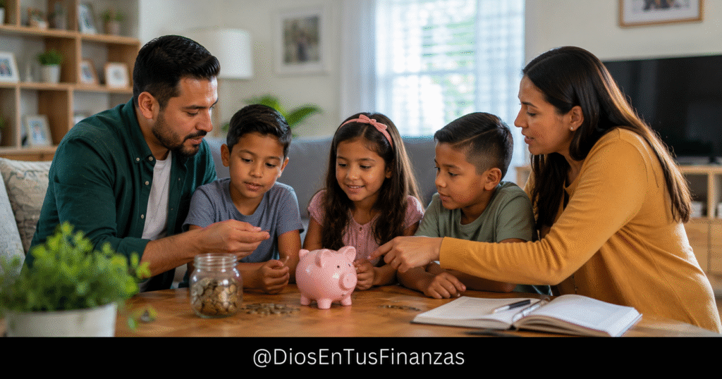 Los hijos y el dinero: un niño guardando monedas en una alcancía junto a sus padres y una Biblia