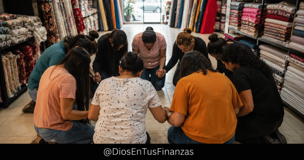 Oración por tu negocio: manos en oración sobre un mostrador o taller junto a una Biblia abierta