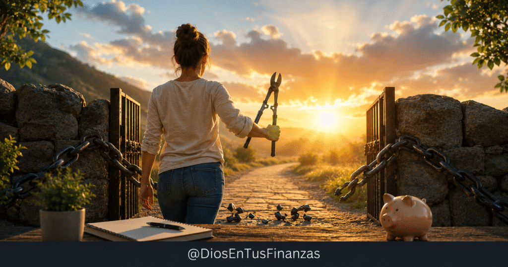 Salir de deudas con sabiduría: unas tijeras cortando una tarjeta junto a una Biblia abierta